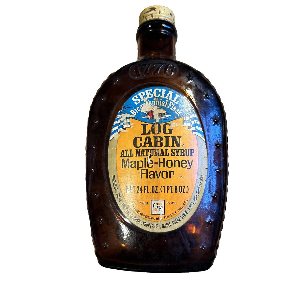 Vintage Log Cabin Syrup Bottle Bicentennial Farmhouse Embossed Amber Glass Retro